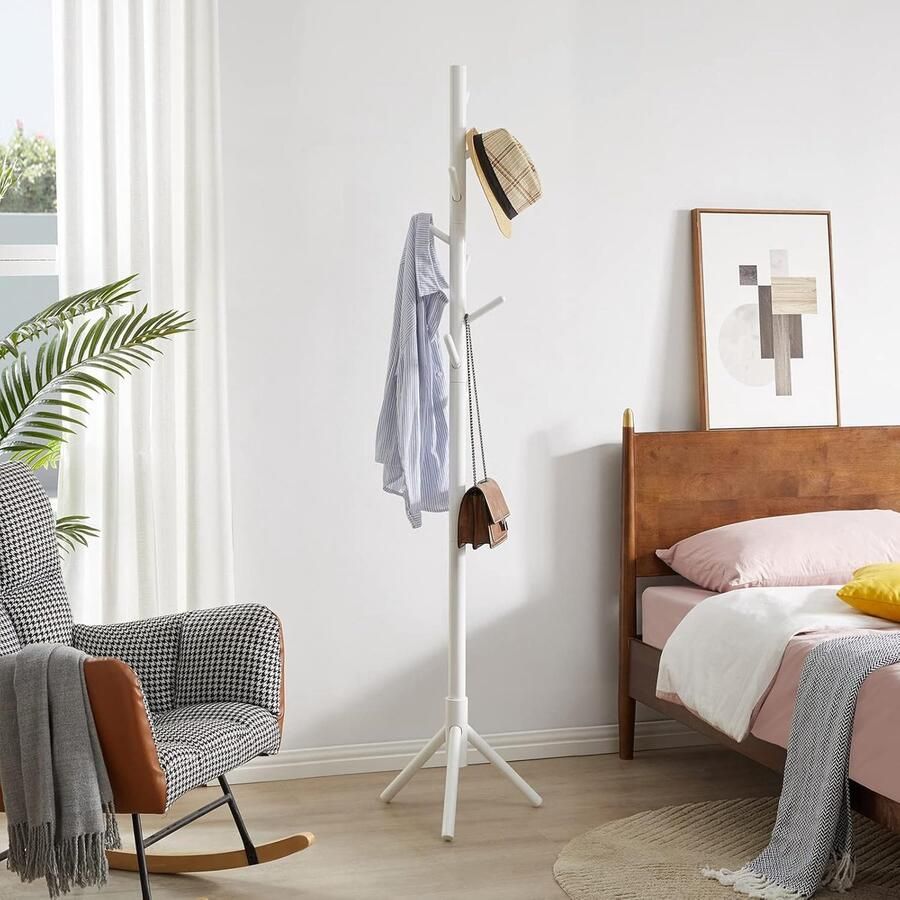 Massief houten kapstok vrijstaand 8 haken wit