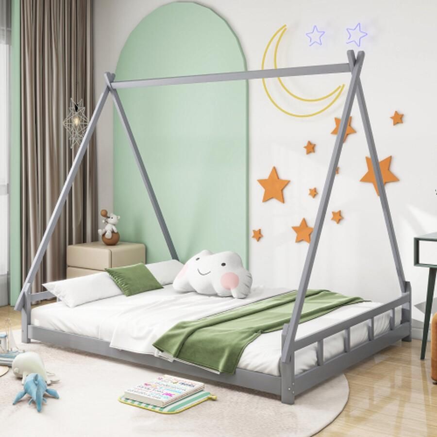 Massief houten kinderbed 140*200cm tentbed hoogslaper jeugdbed ouder-kind bed massief houten bedframe grijs