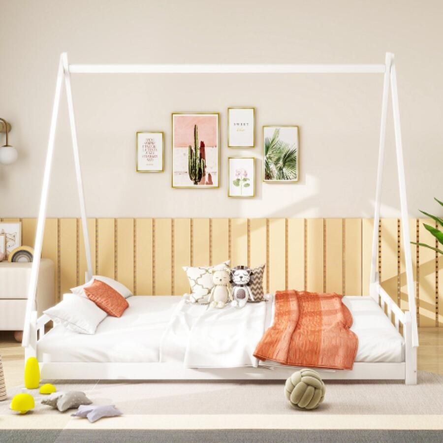 Massief houten kinderbed 140*200cm tentbed hoogslaper jeugdbed ouder-kind bed massief houten bedframe wit