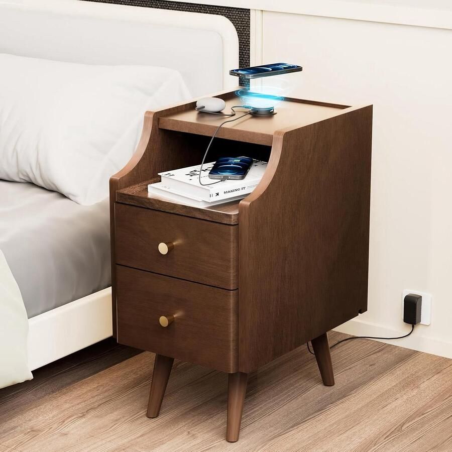 Massief Houten Nachtkastje met USB Oplaadfunctie Nachtkastje slaapkamer 1 stuk Walnoot 40 x 31 x 55 cm