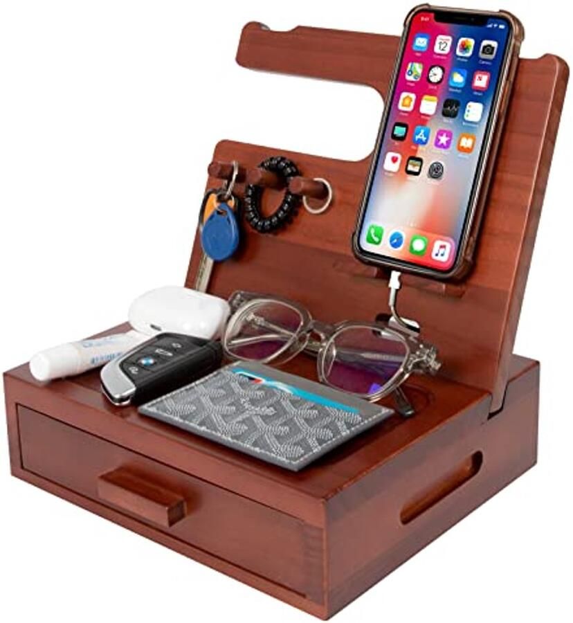 Massief Houten Nachtkastje Organizer Multifunctioneel Dockingstation voor Mobiele Telefoon Horloge en Sleutels