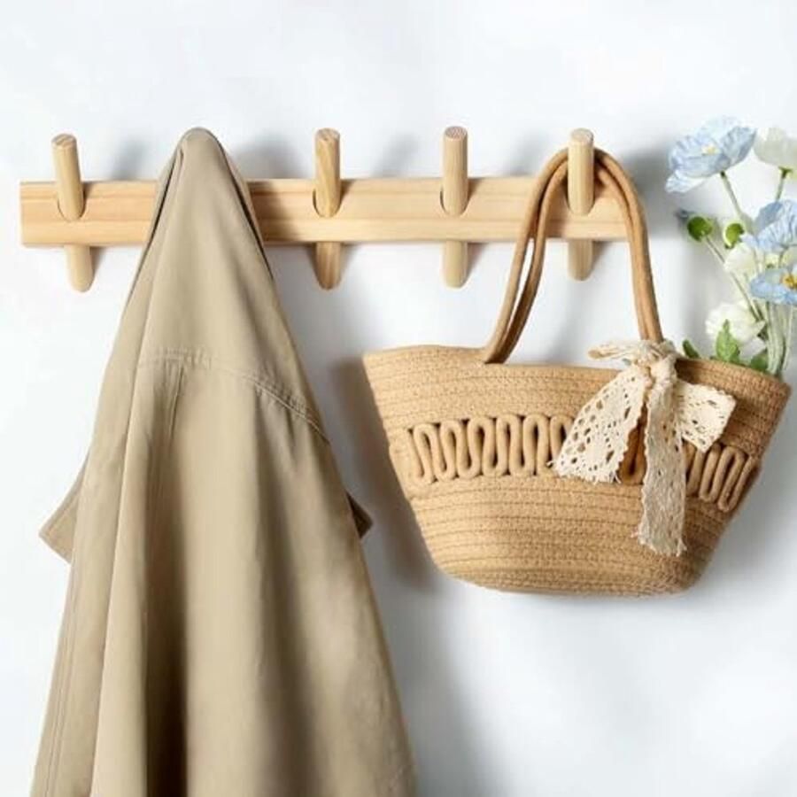 Massief houten wandkapstok met 5 haken voor hal badkamer en bijkeuken