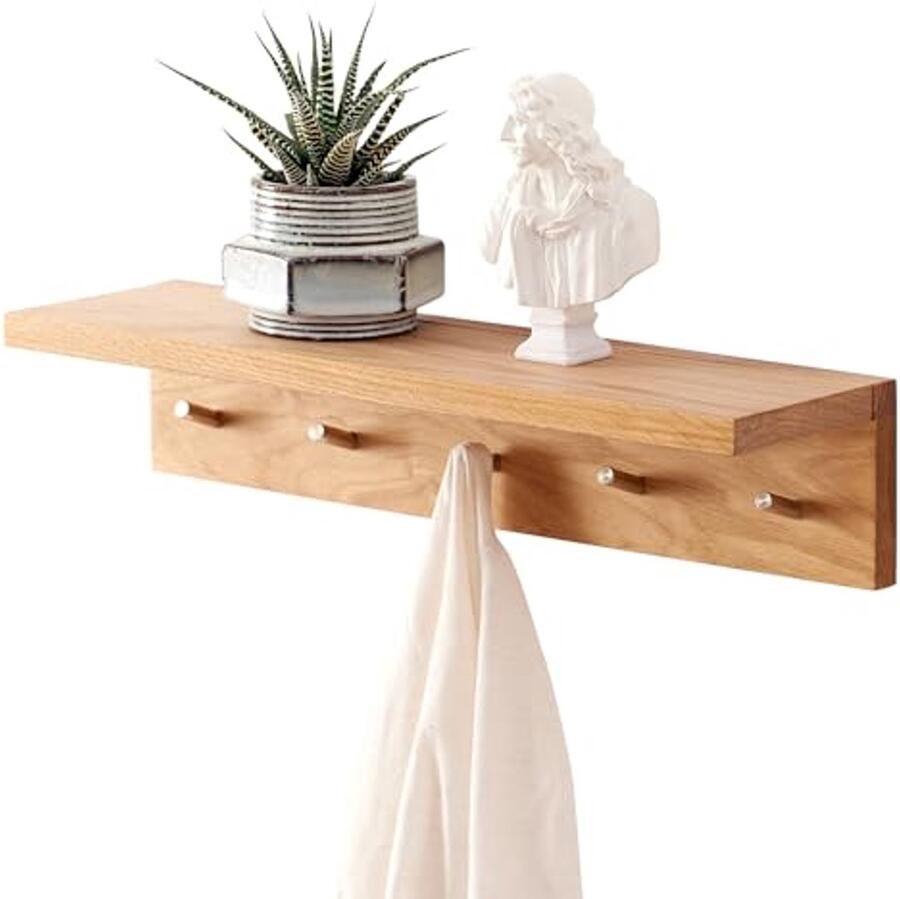 Massief Houten Wandplank met Haken 50cm Zwevende Planken voor Entree Slaapkamer en Woonkamer