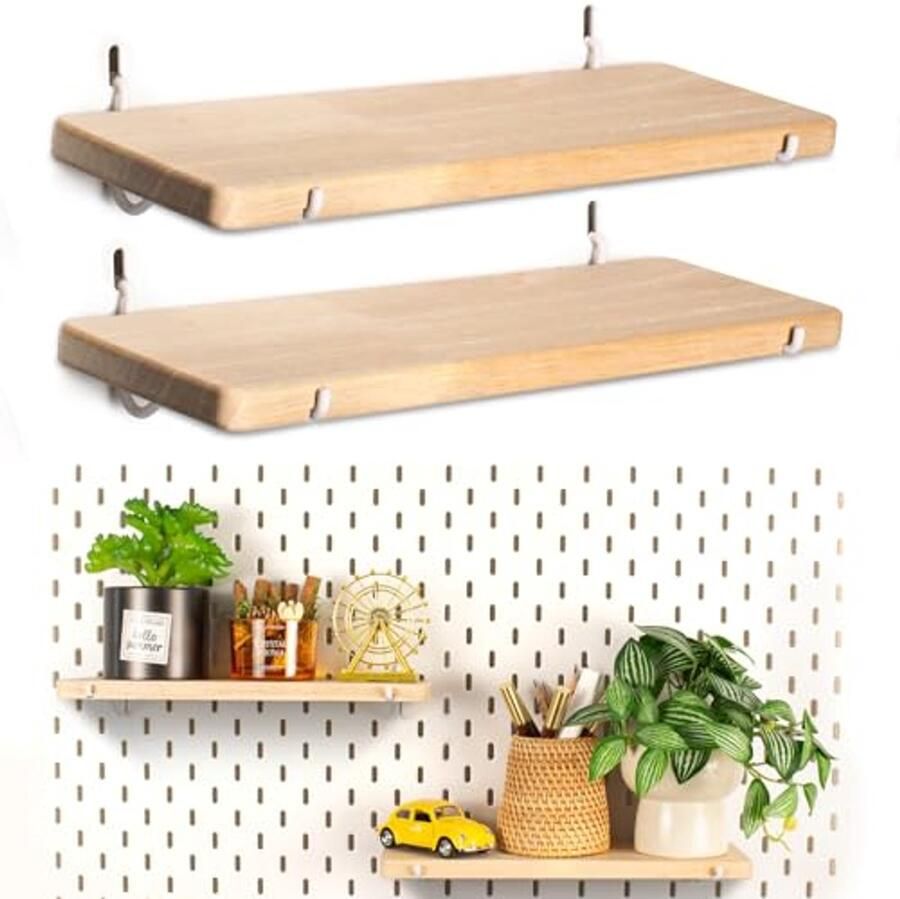 Massief houten wandplanken met haken voor muurorganizer 2 stuks compatibel met Skadis pegboard
