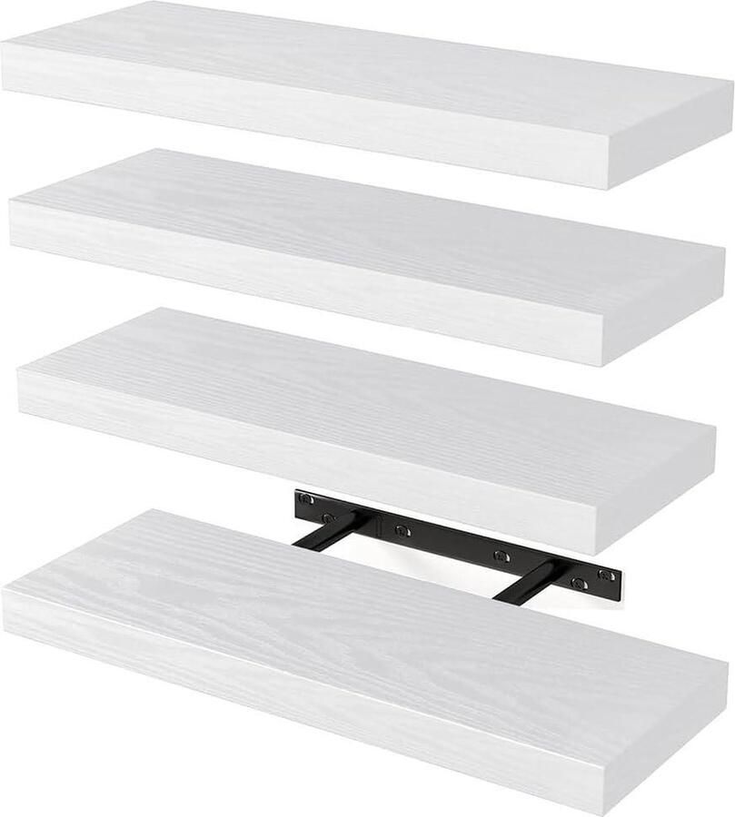 Massief houten wandplanken multifunctionele wandplank met intrekbare metalen houders set van 4 40 x 14 x 3 cm voor slaapkamer woonkamer keuken badkamer wit