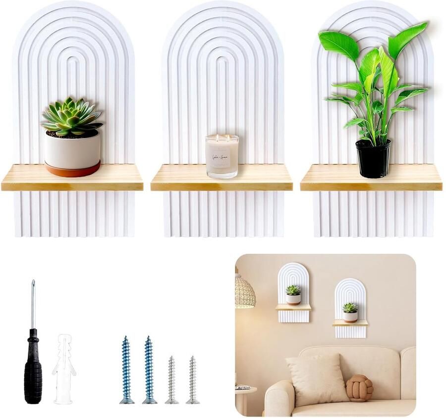 Massief houten wandrek Boheemse stijl set van 3 wit massief hout