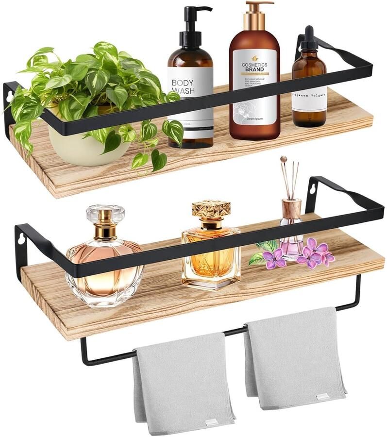 Massief houten wandrek decoratief en functioneel 1 stuk zwart en hout