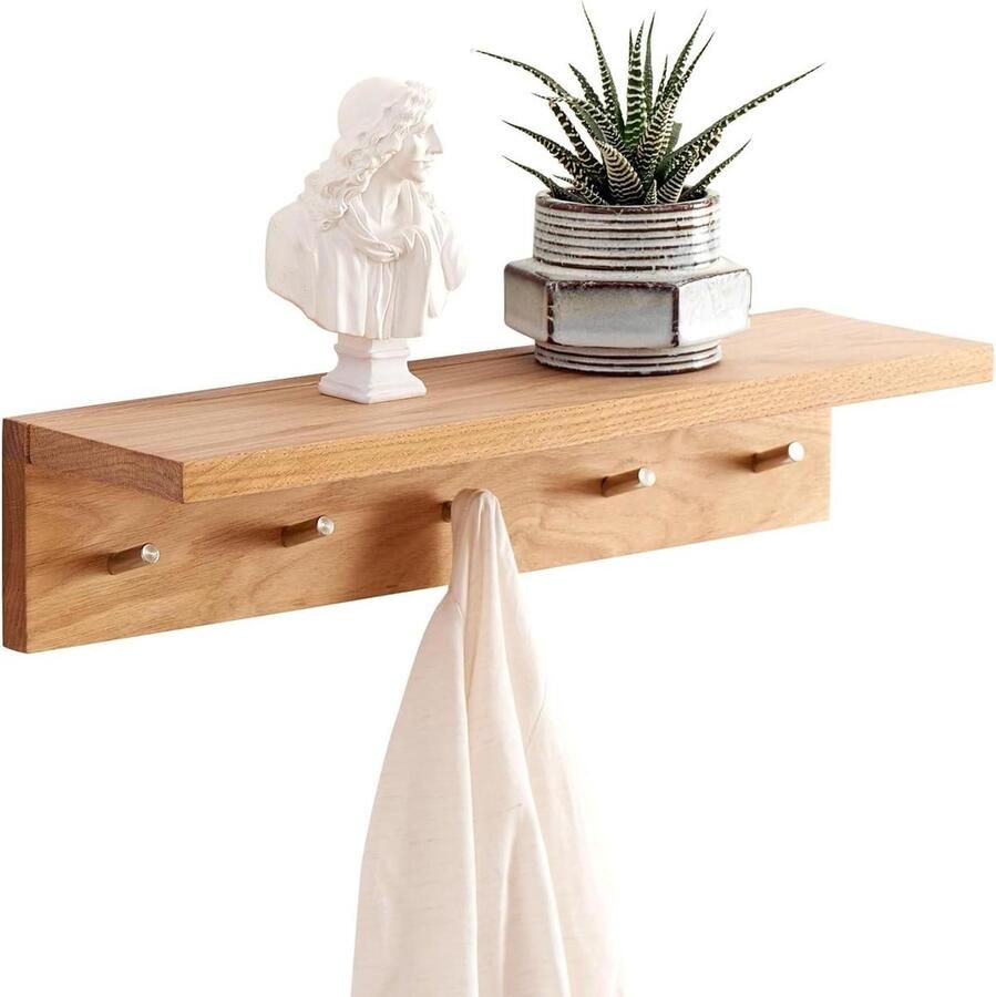 Massief Houten Zwevende Planken met Haken 50cm Wandmontage Displayplank Kapstokhaken Entree Slaapkamer Woonkamer