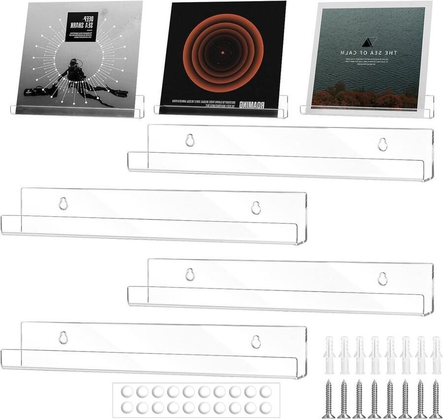 Set van 4 transparante acryl wandplanken voor vinylplaten zwevende wandrekken voor acrylschijven 305 x 43 x 45 cm met schroeven en expansiebuizen Wandrek
