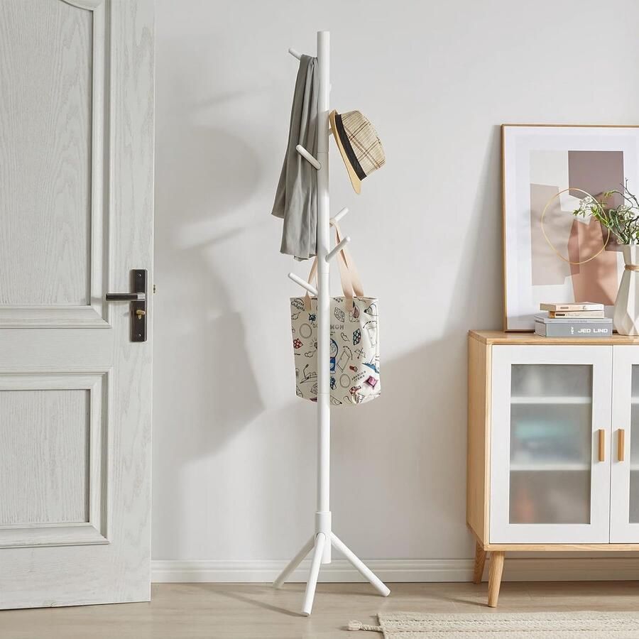 Massieve houten kapstok vrijstaand en stijlvol 8 haken wit