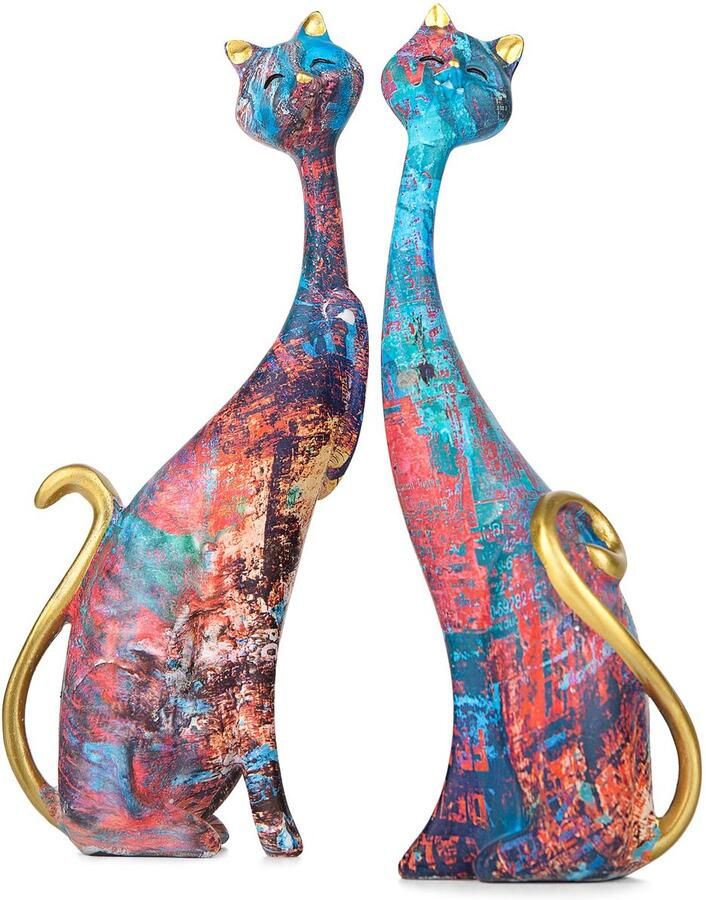 Masteymoh Kunsthars Sculptuur Standbeeld Katten 2 STUKS Twee Olieverfschilderij Katten Sculpturen voor Thuis Kantoor Hotel Boekenplank Bureau Decoratie 28 cm hoog