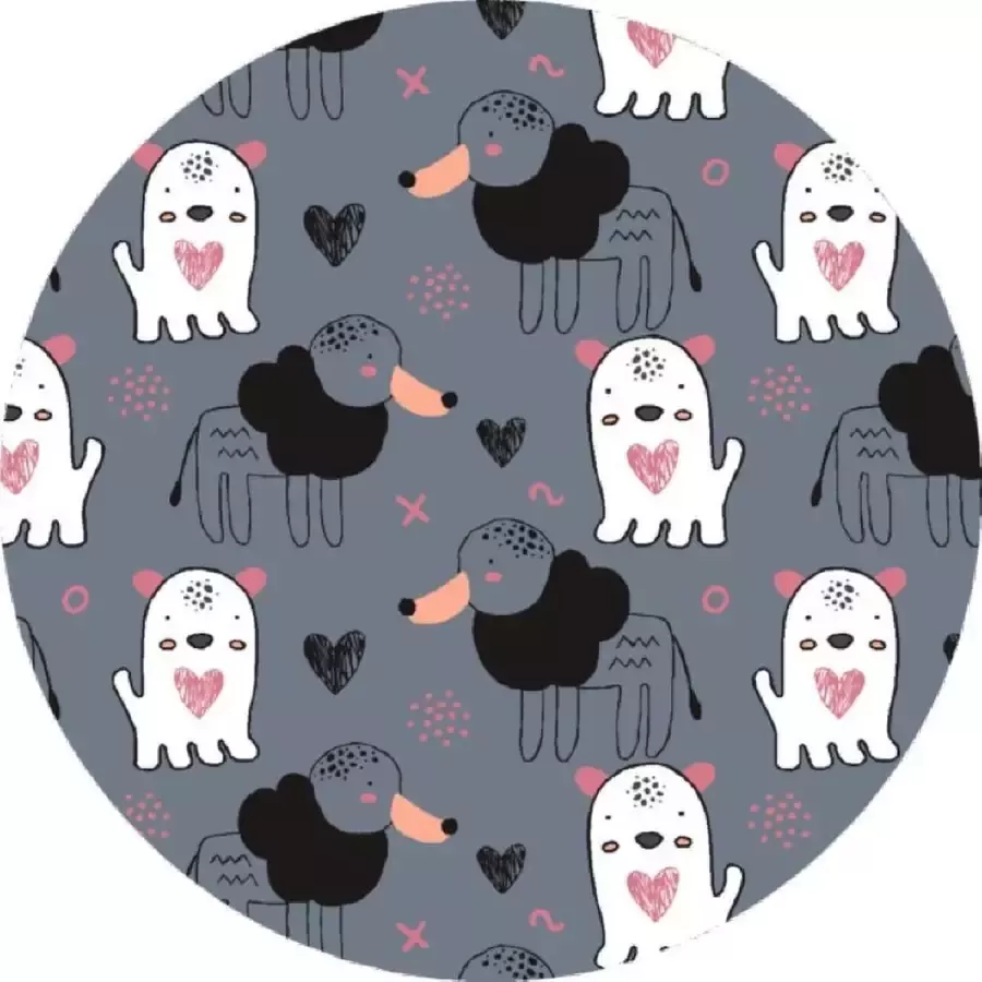Mat Vloermat Vloerkleed Tapijt Kind Kinderkamer Dogs Heart Rond Wasbaar Antislip 115 x 115 cm
