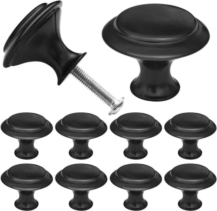 Mat Zwarte Deurknoppen 10 Stuks 23x30 mm Meubelknopen met Schroeven Ronde Keukenknoppen voor Kasten en Lades Badkamer en Meubelhandvatten in Egale Zwarte Afwerking