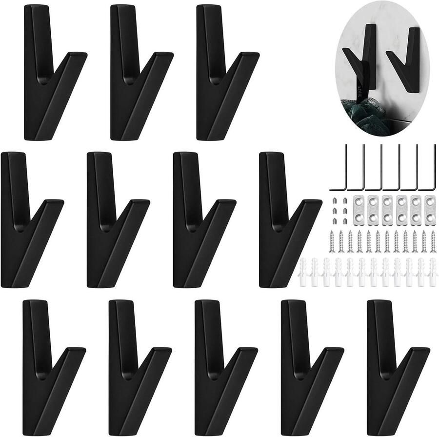 Mat zwarte garderobehaken 12 stuks kledinghaken voor akoestische panelen wandhaken voor garderobe in keuken badkamer foyers en gangen