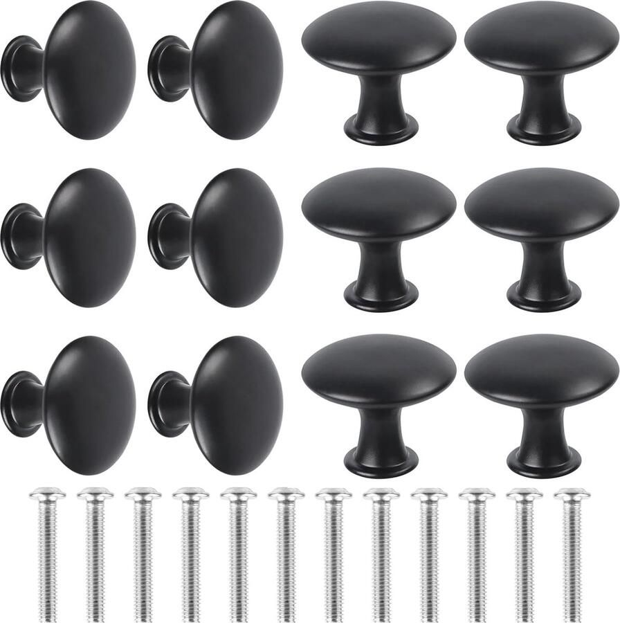 Mat zwarte meubelknoppen 30 mm 12 stuks voor kast en laden