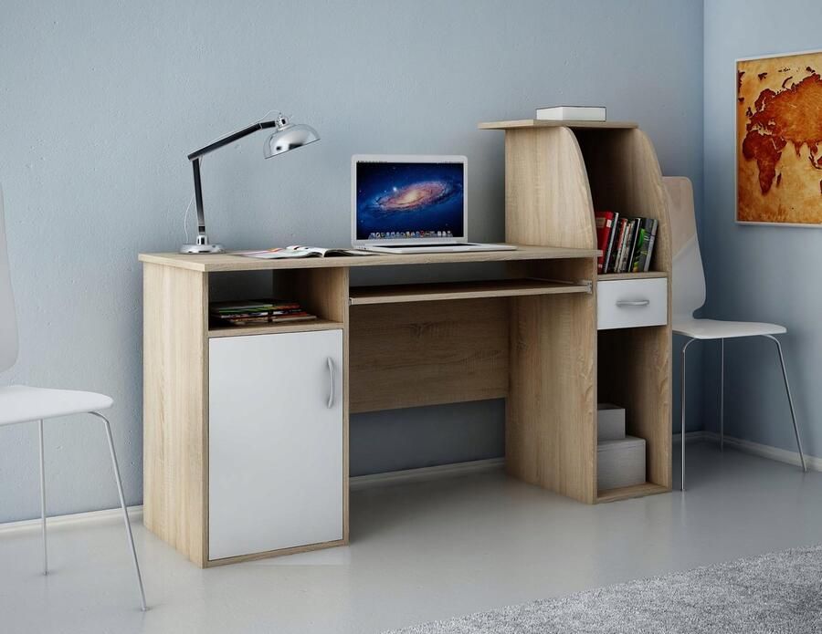 Matkam Bureau B3 Wit-Sonoma 150cm met kast en rekken