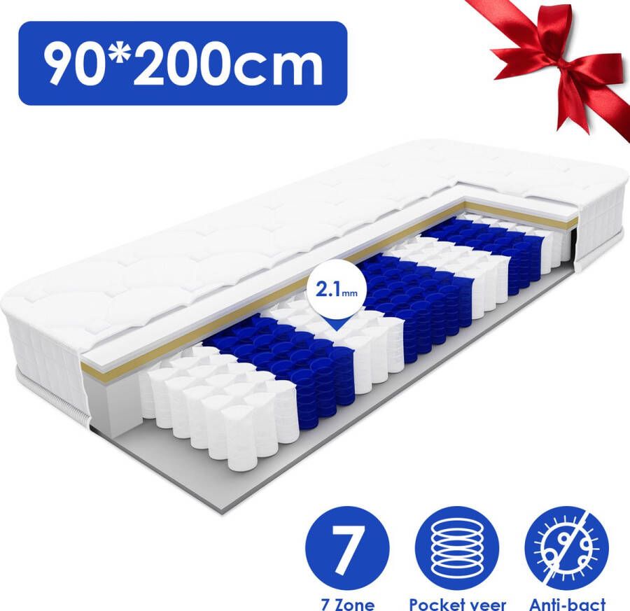Elekiatech Matras 90 x 200 cm 25 cm Dikte Eenpersoonsmatrassen 7 Zones Pocketvering Anti-allergische Premium Plus Tijk