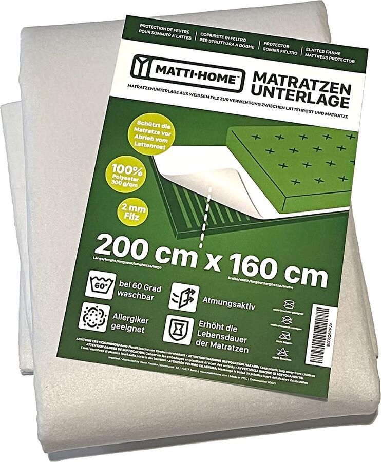 Matrasonderlegger vilt ademend voor lattenbodem 1 stuk wit 100% polyester 160 x 200 cm