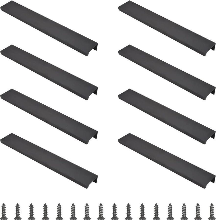 Matte Black Finger Edge Trek 8 stks Moderne Stijl Aluminium Onzichtbare Handvat Garderobe Handvat voor Thuis Keuken Cilinder Ladehandvat Help 200 mm Roestvrijstalen vertragende lade