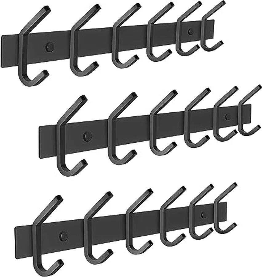 Matzwarte Kapstok Wandhouder 17 Inch Roestvrijstalen Haakrail met 6 Dubbele Haken voor Jassen Hoeden en Tassen