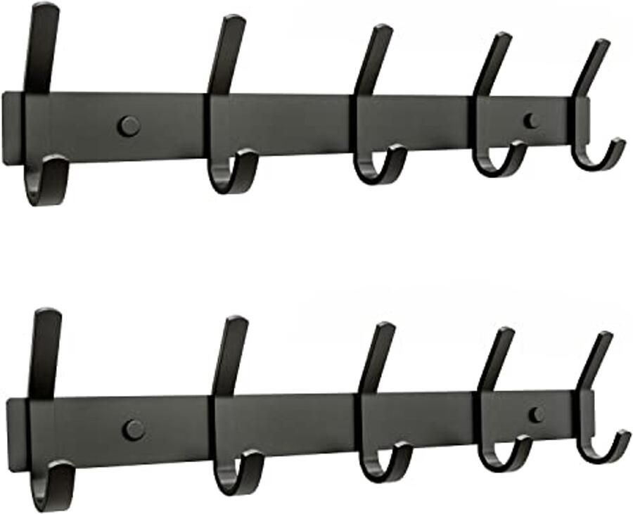 Matzwarte Wandkapstok met 5 Haken Roestvrijstalen Haakrail van 35 cm Entree-Organizer voor Jassen Hoeden en Tassen 2 Stuks