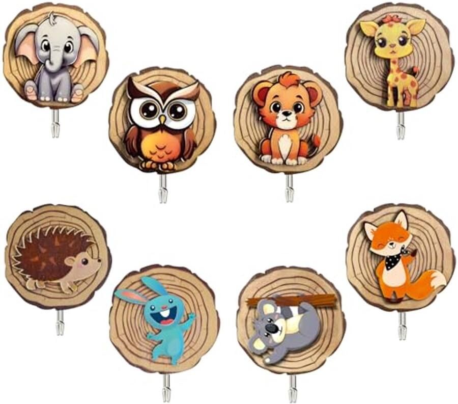 Mauepersu Set van 8 kindergarderobe zelfklevende houten kapstokhaken in dierenvorm kinderkapstokhaken voor badkamer toilet keuken kantoor handdoeken hoeden
