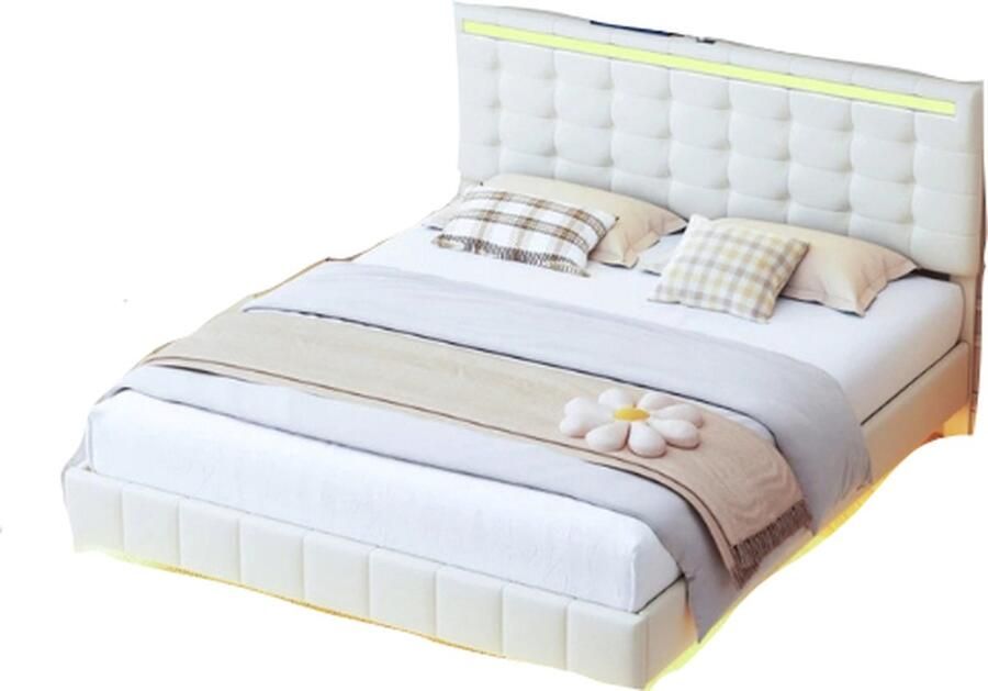 MazrekuHome Twijfelaar 140 x 200 Groot 1 persoons bed Met LED verlichting en USB poorten Zacht hoofdeind Mooi design