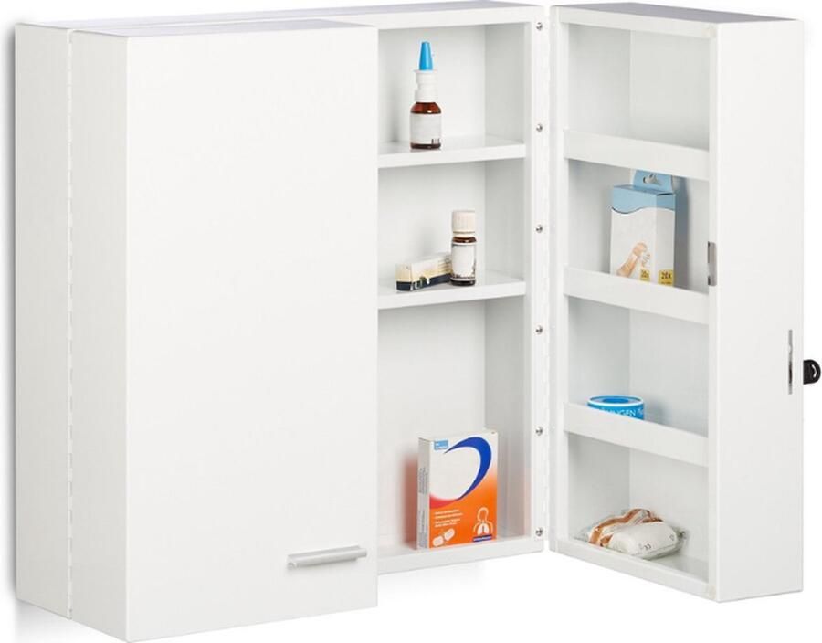 Medicijnkast XXL 11 vakken afsluitbaar 2 deuren metaal 53 x 53 x 20 cm wit