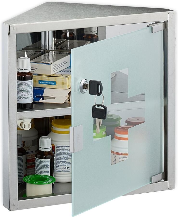 Medicijnkastje met slot 2 vakken 30 x 30 x 17 5 cm rvs hoek