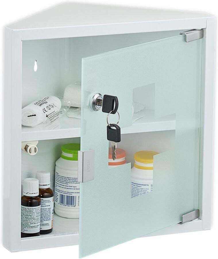 Medicijnkastje met slot 2 vakken hoek 30 x 30 x 17 5 cm staal wit