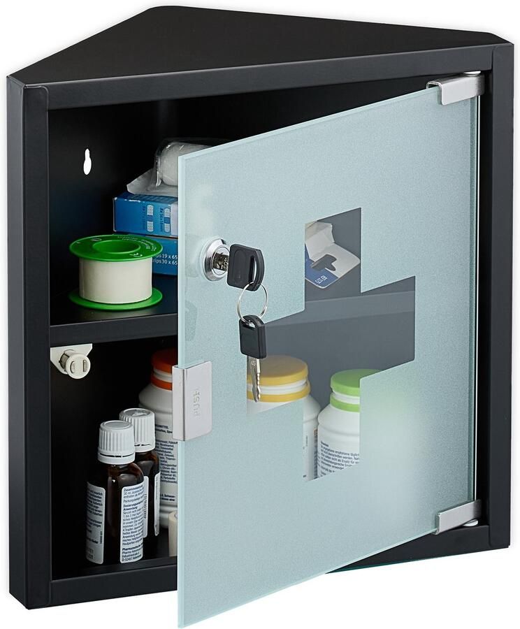 Medicijnkastje met slot 2 vakken hoek 30 x 30 x 17 5 cm staal zwart