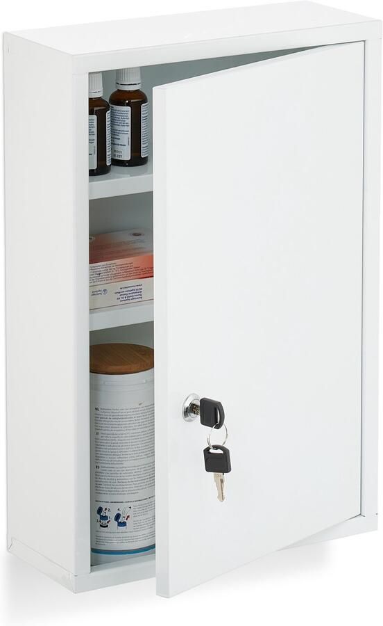 Medicijnkastje met slot 3 vakken 45x30x12 cm staal wit