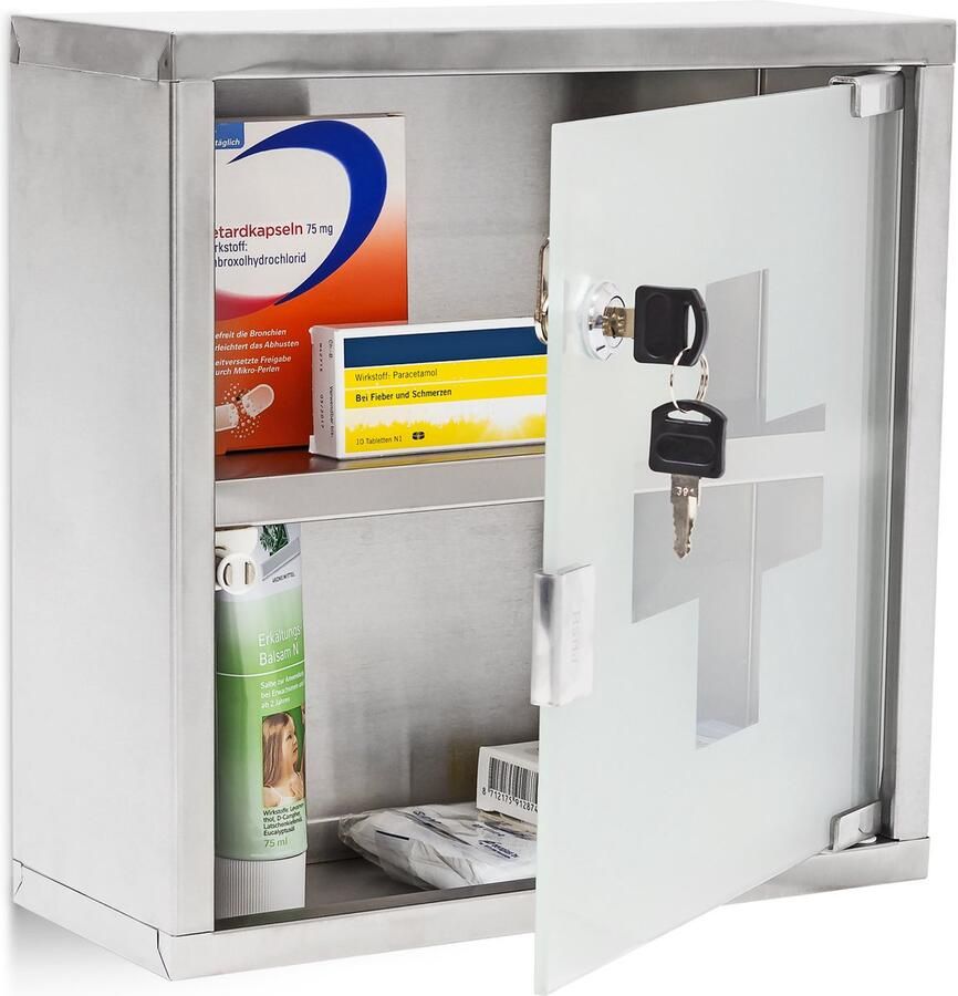 Relaxdays medicijnkastje hangend slot 2 vakken 30x30cm rvs medicijnen opbergkastje