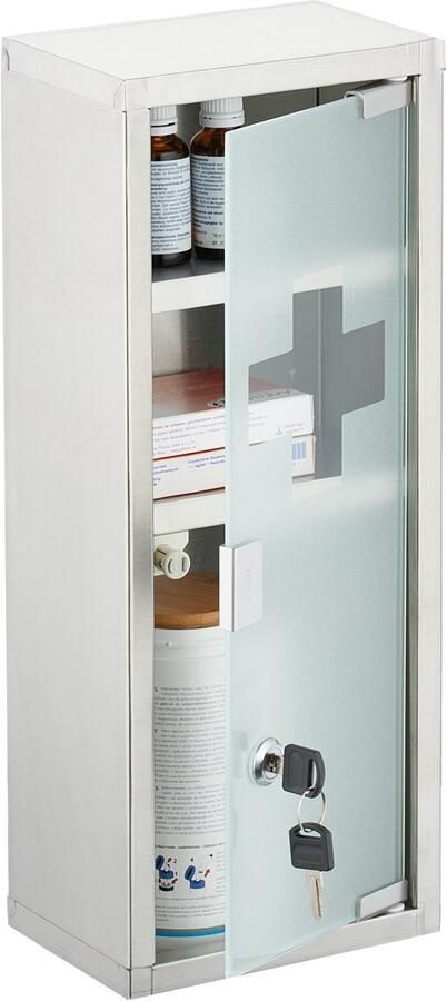 Medicijnkastje met slot 45 x 18 x 12 cm 3 vakken melkglas rvs