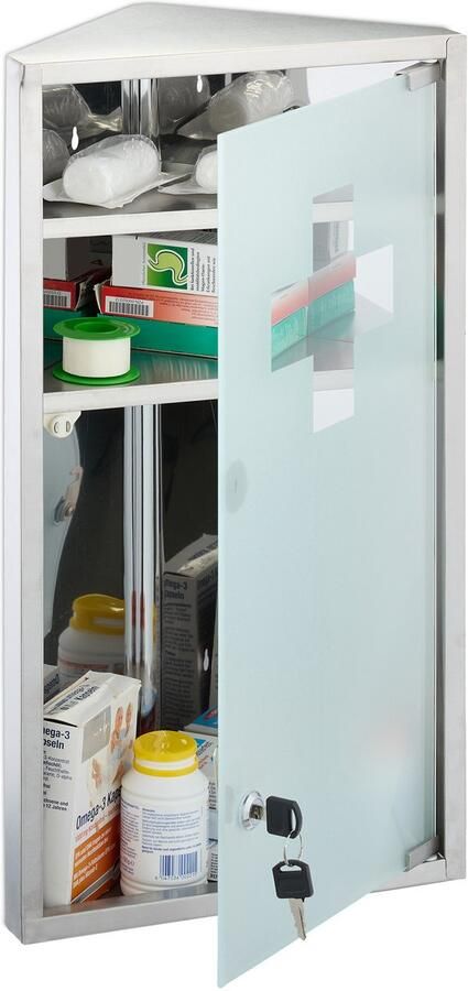 Medicijnkastje met slot 56 x 30 x 18 cm voor hoek glazen deur rvs