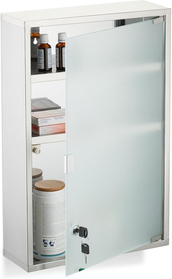 Medicijnkastje met slot 58 x 38 x 13 cm 3 vakken afsluitbaar rvs