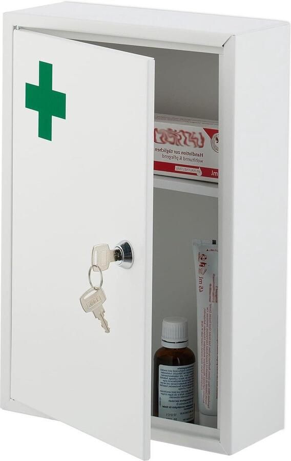 Medicijnkastje met slot HxBxD: 32 x 215 x 8 cm 2 vakken groen kruis hangend wit compact design opbergsysteem