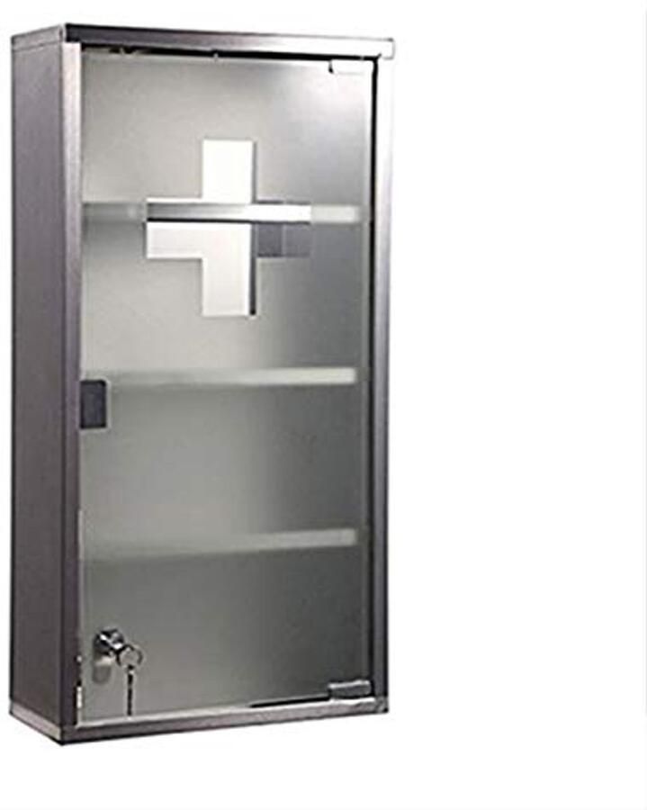 Medicijnkastje van roestvrij staal met glazen deur en slot 60 x 30 x 12 cm afsluitbaar 4 vakken ideale huisapotheek en eerstehulp-kast