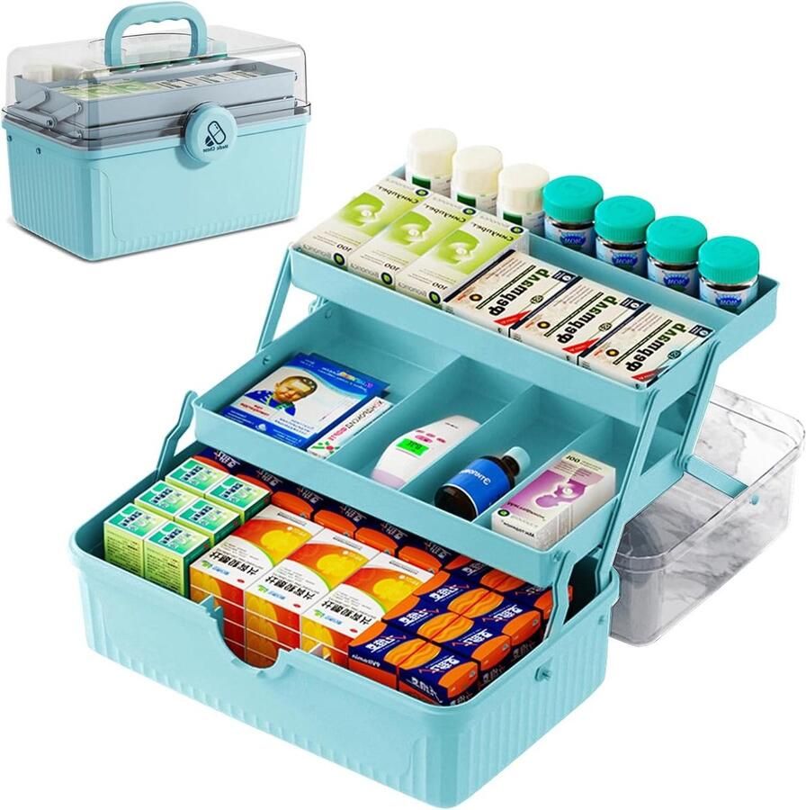 Medicijnopslag draagbare medicijnbox 3 niveaus grote capaciteit opbergkoffer voor thuis buiten (blauw-oranje)