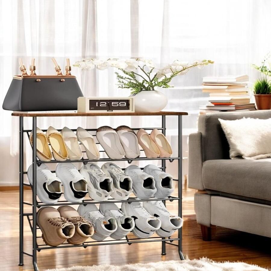 Meerlaags montage eenvoudig schoenenrek Antracietkleur 4 lagen 90*60*20cm Grote ruimte Eenvoudig te installeren Geschikt voor slaapkamers en woonkamers Houd de kamer netjes Meerlaags schoenenrek