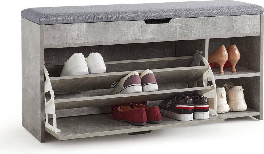 Meerveil Schoenenbank met zitje opbergbank met opklapbare lade en open opbergruimte houten industriële stijl voor hal 100 x 52 x 30 cm grijs