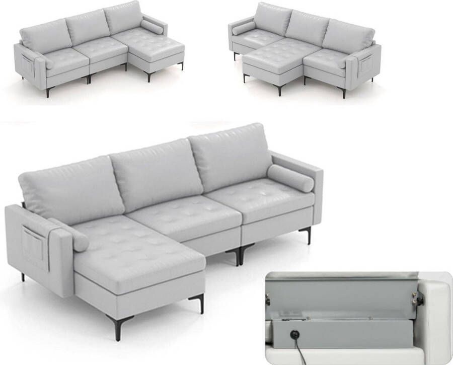 Meervoudige combinatie bankcollectie modulair met USB-poorten en stopcontact omkeerbare chaise lounge opbergbox L-vormige modulaire bank voor woonkamer slaapkamer kantoor lichtgrijs