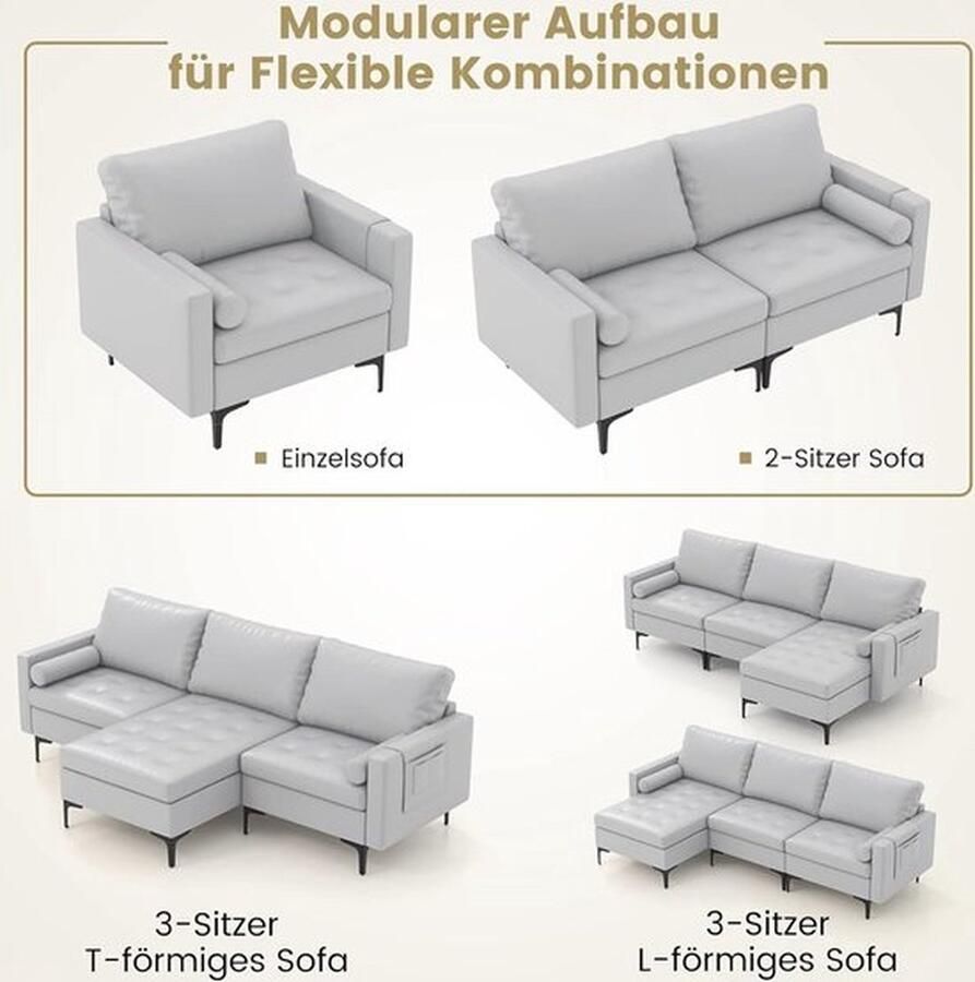 Meervoudige combinatie bankcollectie modulair met USB-poorten en stopcontact omkeerbare chaise lounge opbergbox L-vormige modulaire bank voor woonkamer slaapkamer kantoor lichtgrijs