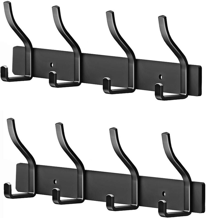MEIJO Kapstok Zwarte Kapstokhaak Roestvrijstalen Kapstok Wandhaak met 4 Haken Kapstok met Hakenlijst Wandkapstok voor Slaapkamer Keuken Kledingrek (Zwart 4 Haken 2 Stuks)
