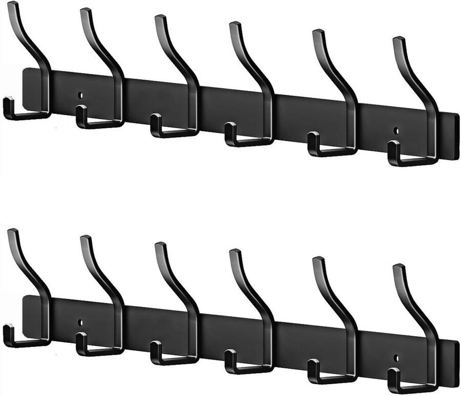 MEIJO Kapstok Zwarte Kapstokhaak Roestvrijstalen Kapstok Wandhaak met 6 Haken Kapstok met Hakenlijst Wandkapstok voor Slaapkamer Keuken Kledingrek (Zwart 6 Haken 2 Stuks)