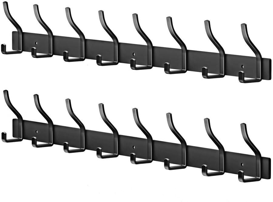 MEIJO Kapstok Zwarte Kapstokhaak Roestvrijstalen Kapstok Wandhaak met 8 Haken Kapstok met Hakenlijst Wandkapstok voor Slaapkamer Keuken Kledingrek (Zwart 8 Haken 2 Stuks)