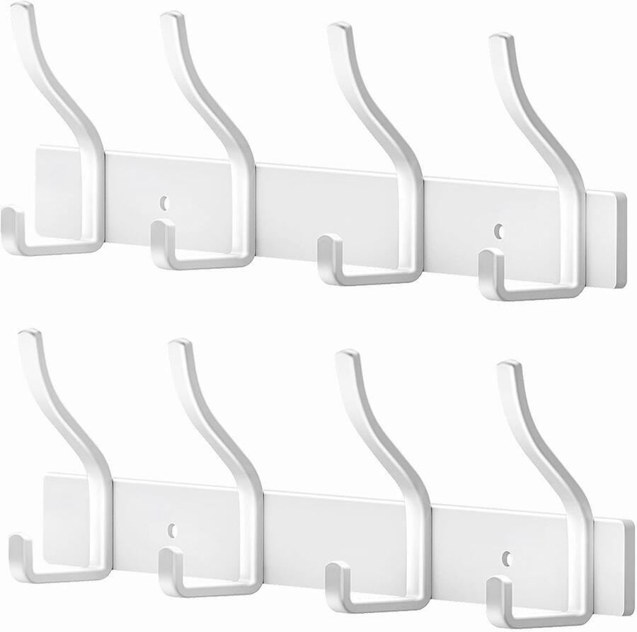 MEIJO Kapstokhaak Roestvrijstalen kapstok Witte kapstokhaak Muurhaak met 4 haken kapstok met hakenlijst Kapstok voor aan de muur Slaapkamer Keuken Kledingrek (Wit 4 haken 2 stuks)