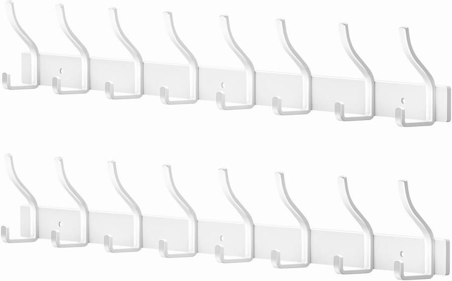 MEIJO Kapstokhaak Roestvrijstalen kapstok Witte kapstokhaak Muurhaak met 8 haken kapstok met hakenlijst Kapstok voor aan de muur Slaapkamer Badkamer Keuken Kledingrek (Wit 8 haken 2 stuks)
