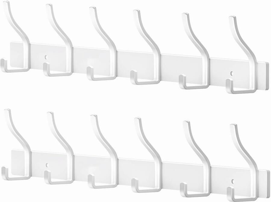 MEIJO Kapstokhaak Roestvrijstalen kapstok Witte kapstokhaak Wandkapstok met 6 haken kapstok met hakenrail Wandkapstok voor slaapkamer Keuken Kledingrek (Wit 6 haken 2 stuks)