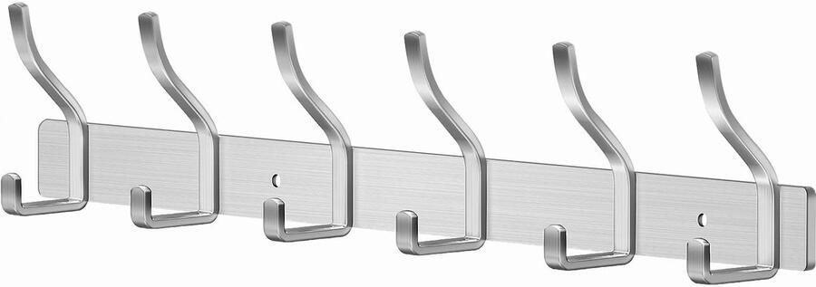 MEIJO Kapstokhaak RVS kapstok zilveren kapstok muur met 6 haken wandhaak kapstok voor slaapkamer badkamer keuken kledingrek (zilver 6 haken)